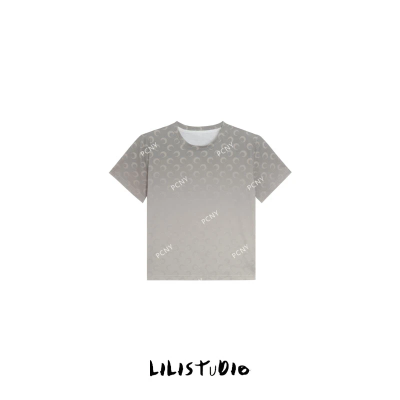 「月澜灰雅」不理理夏季新款小众女装渐变色印花圆领短袖女t恤