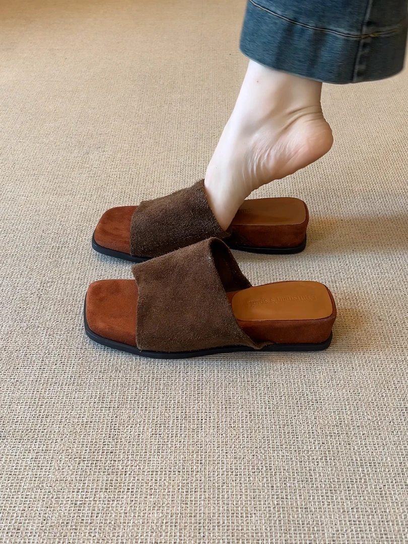 Elingjk/3cm小众高级感简约复古方头露趾舒适厚底一字凉拖鞋