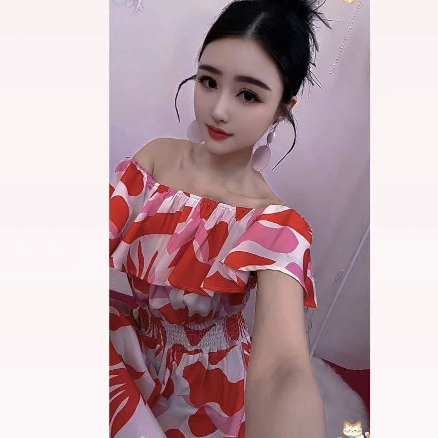 法式茶歇风一字肩粉色玫瑰印花收腰度假长裙女夏1519款