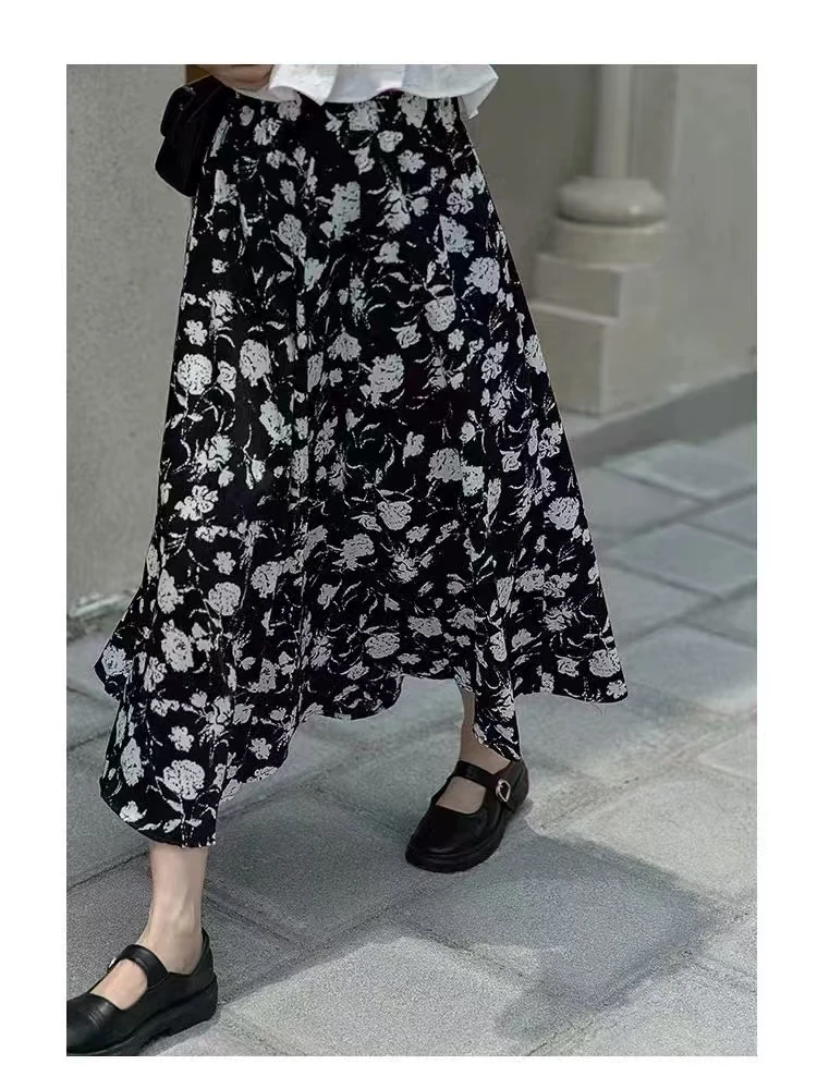 碎花半身裙女夏中长款气质垂感大摆显瘦a字裙百褶印花雪纺裙Y032