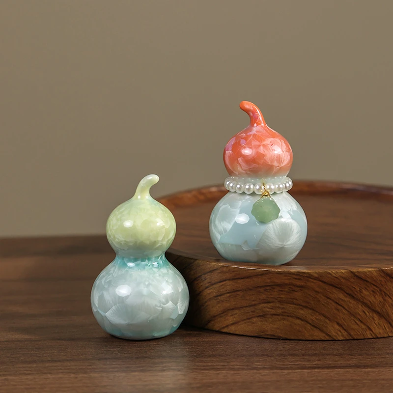 清新可爱茶宠高档茶道配件创意窑变结晶釉葫芦茶玩摆件盖置礼盒装