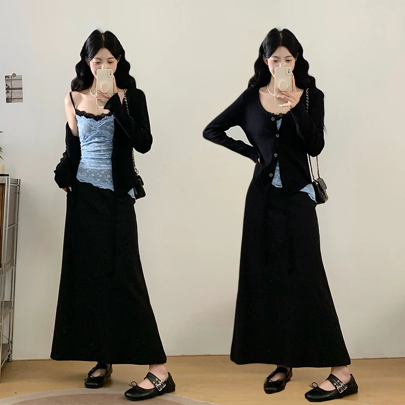 大码女装胖mm秋季法式撞色蕾丝拼接吊带裙针织开衫显瘦两件套