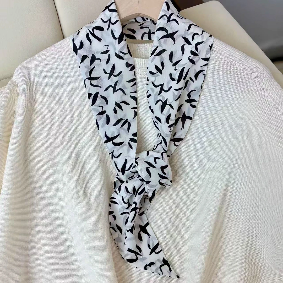 100%桑蚕丝【春日飞燕】双绉飘带高级感女士万能百搭小丝巾110x10cm