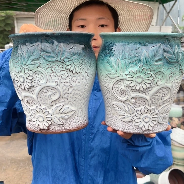 紫砂花盆绿梅花两个口径18高度20