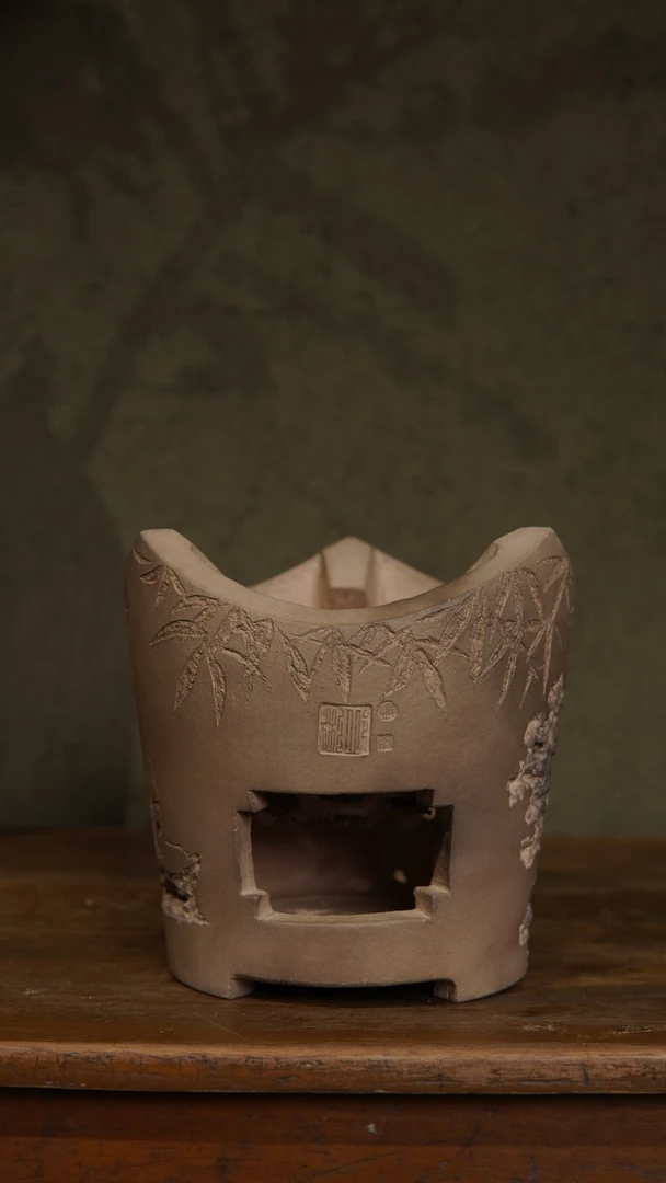 邱彬经典刻绘【竹叶窗】矮款白泥凉炉文人茶器煮茶炉