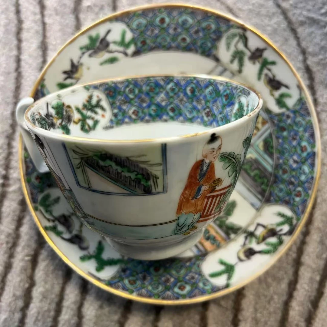 F654清咸丰广彩花鸟人物故事纹杯碟套