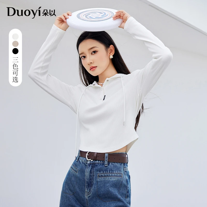 朵以2025春装新款修身百搭短款半开领抽绳连帽针织衫39DC331062