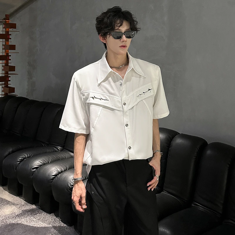 黑色解构垫肩短袖衬衫男款夏季小众金属装饰设计感衬衣高级感半袖