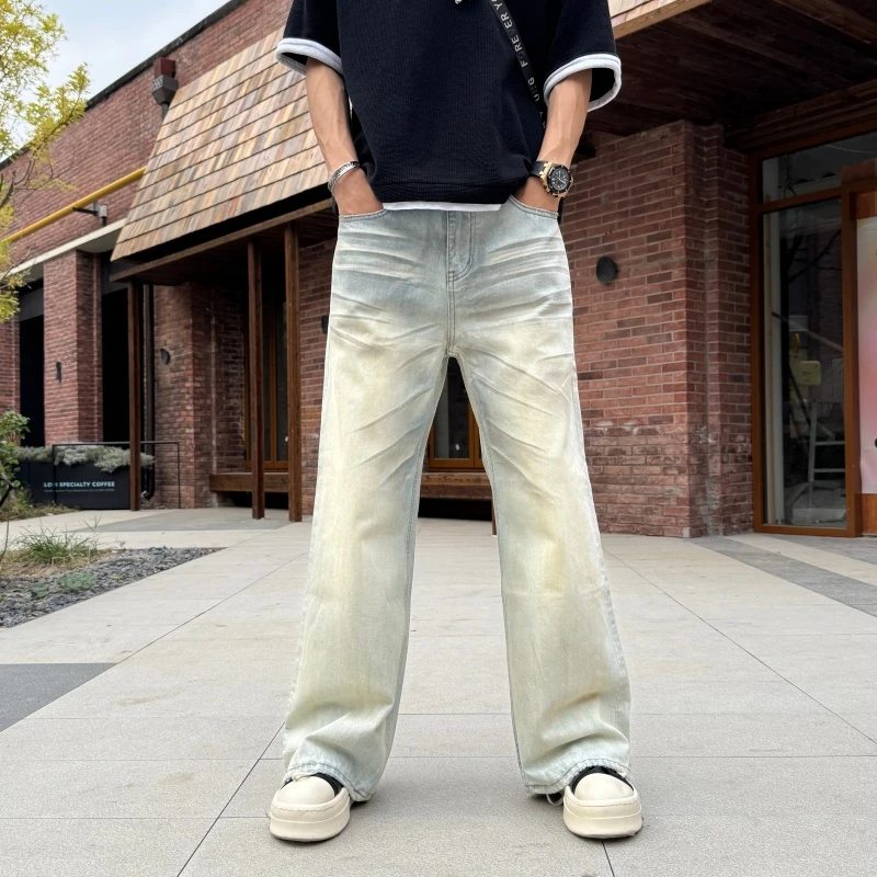 做旧水洗蓝色磨白猫须阔腿牛仔裤男立体剪冰蓝水洗做旧阔腿牛仔裤