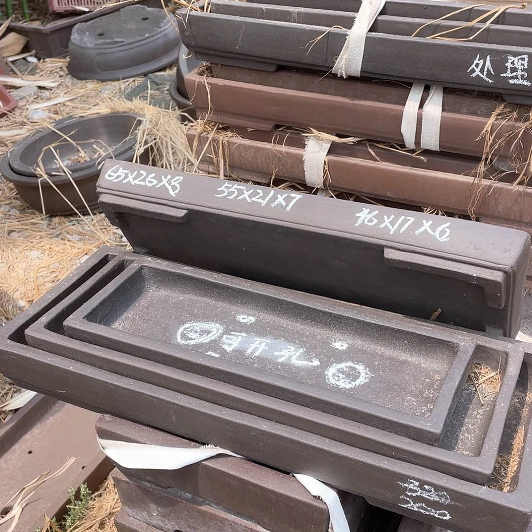 紫砂一组三只长方浅盆处理