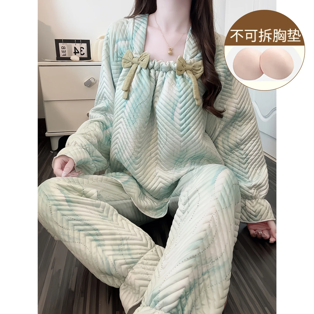 空气棉睡衣女简约长袖公主风少女带胸垫春秋季空气棉家居服套装冬