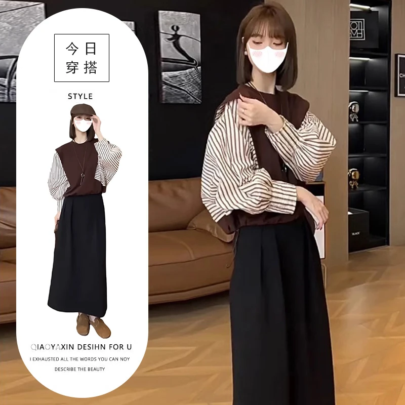 春秋季新款时尚流行套装女独特设计感条纹假两件上衣+显瘦高腰裙