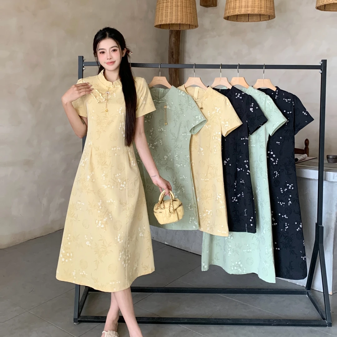 大码女装2025夏季新款显瘦新中式A字裙短袖连衣裙2022+2023