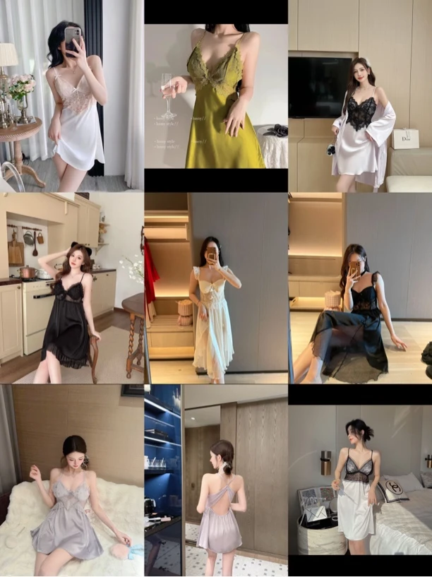 夏季冰丝带胸垫性感蕾丝纯欲风吊带睡裙女款家居服