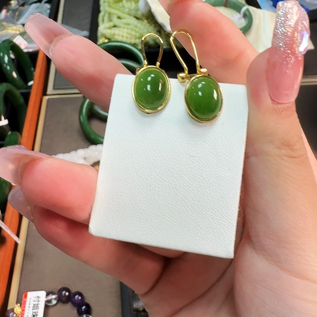 和田玉银S925镶嵌耳饰碧玉耳包