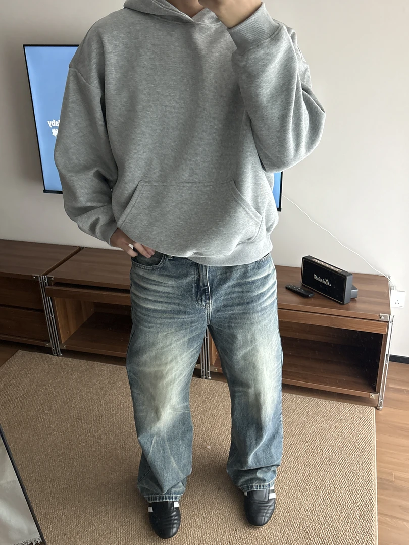 KEYINLIFE美式短宽vintage光板纯色简约460克重磅连帽卫衣