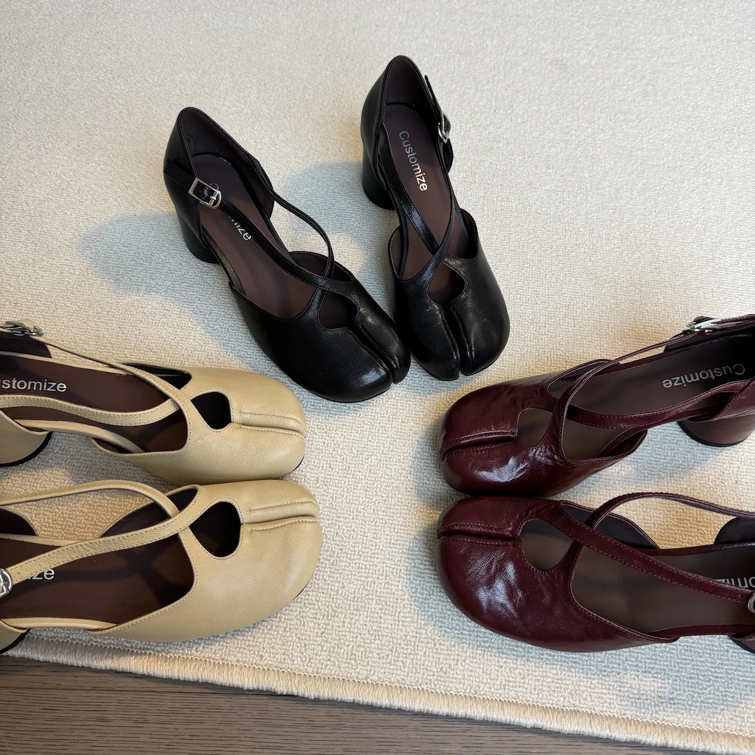 六也「分趾玛丽珍」高跟鞋交叉扣带女单鞋粗跟猪脚鞋夹趾鞋子L950