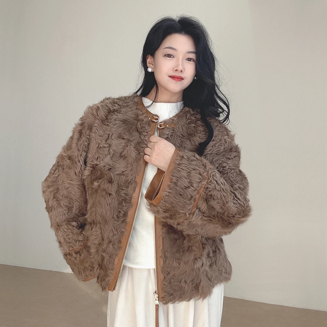 双面穿小湖羊皮毛一体羊羔毛皮草外套女装2025年冬新款短款新中式