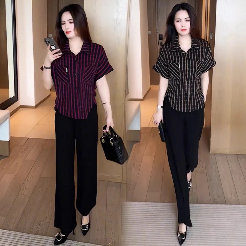 时尚韩版衬衫女2025休闲洋气减龄宽松显瘦百搭条纹气质短袖上衣潮