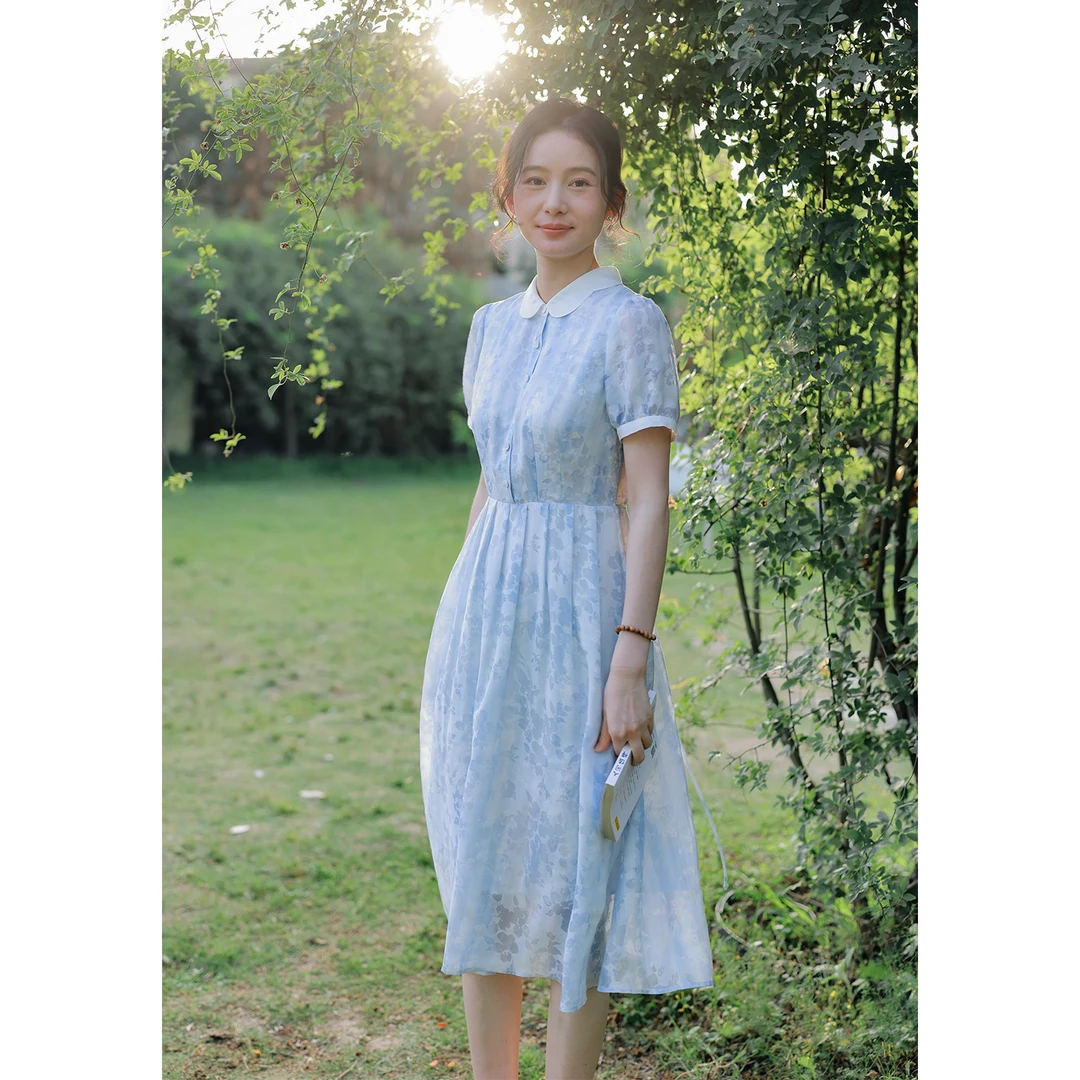 红念原创文艺蓝色连衣裙女短袖轻奢夏季2025年新款女装气质裙子