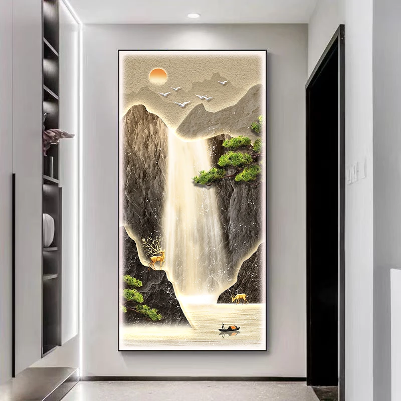 现代轻奢中式风玄关装饰画流水生财led灯壁画高级入户门走廊挂画