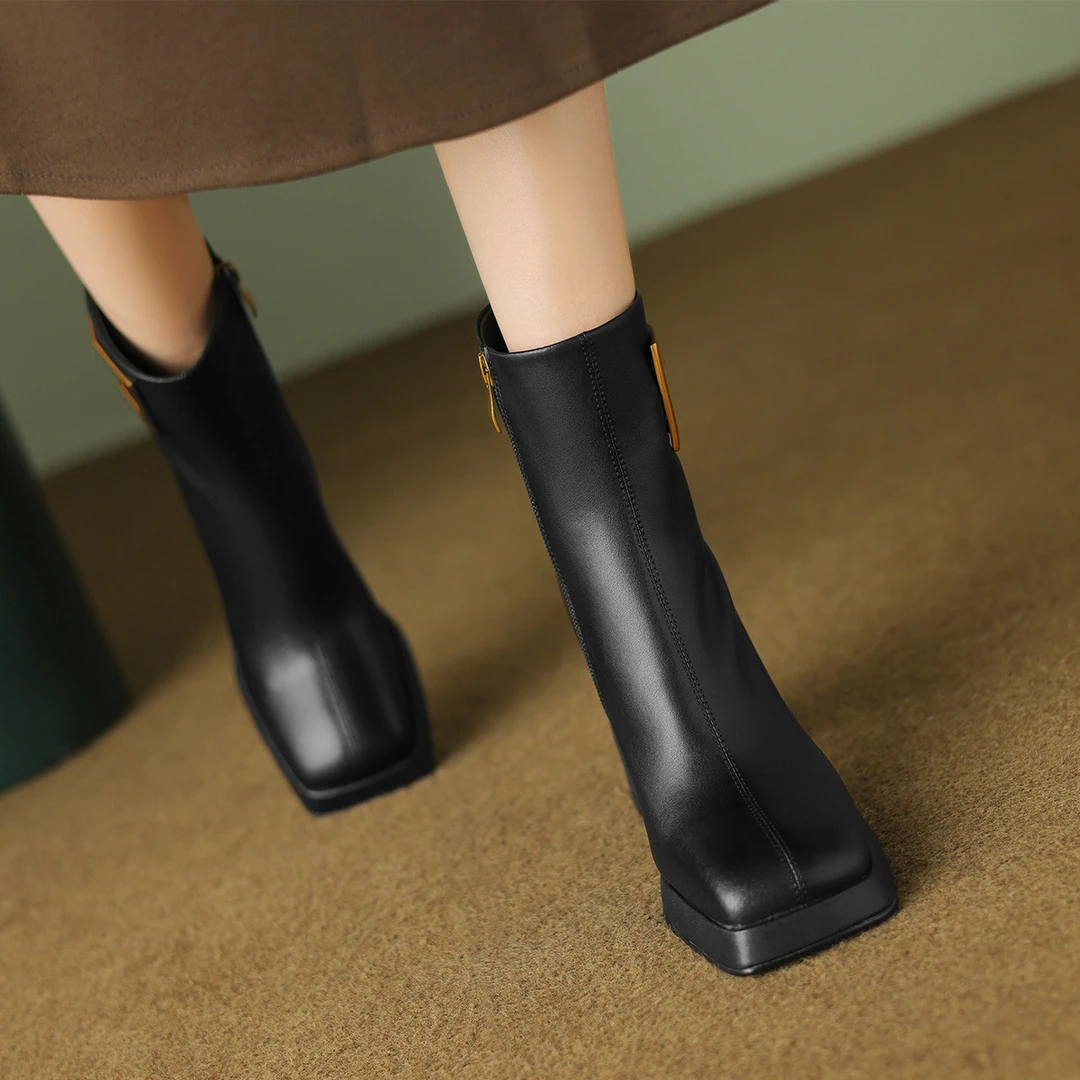 24年新款马丁粗跟时尚高跟厚底法式舒适加绒保暖短靴