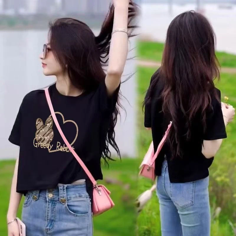 夏季新款时尚圆领后背开叉短袖T恤女百搭设计感洋气显瘦上衣