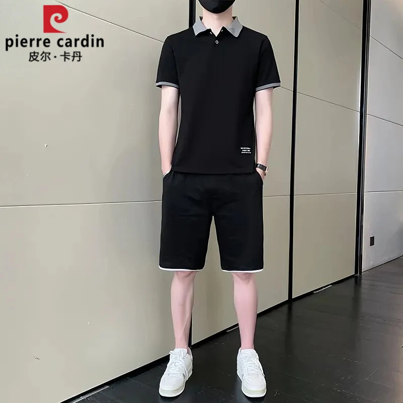 皮尔卡丹时尚休闲短袖T恤套装男士夏季新款运动翻领高档两件套装