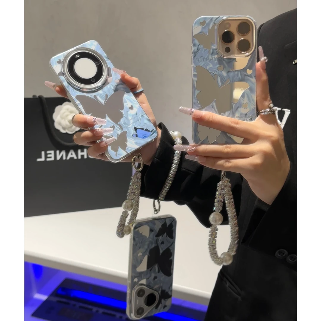 BANCA镜面剪影蝴蝶适用苹果16链条手机壳iphone华为vivo小米oppo
