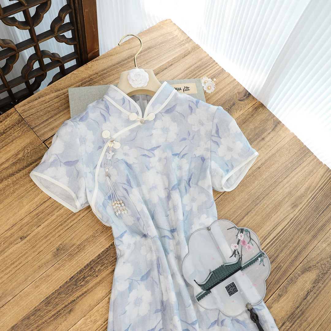俏娘鱼2025夏季新款蓝色素雅新中式短袖旗袍女日常可穿年轻淑女范