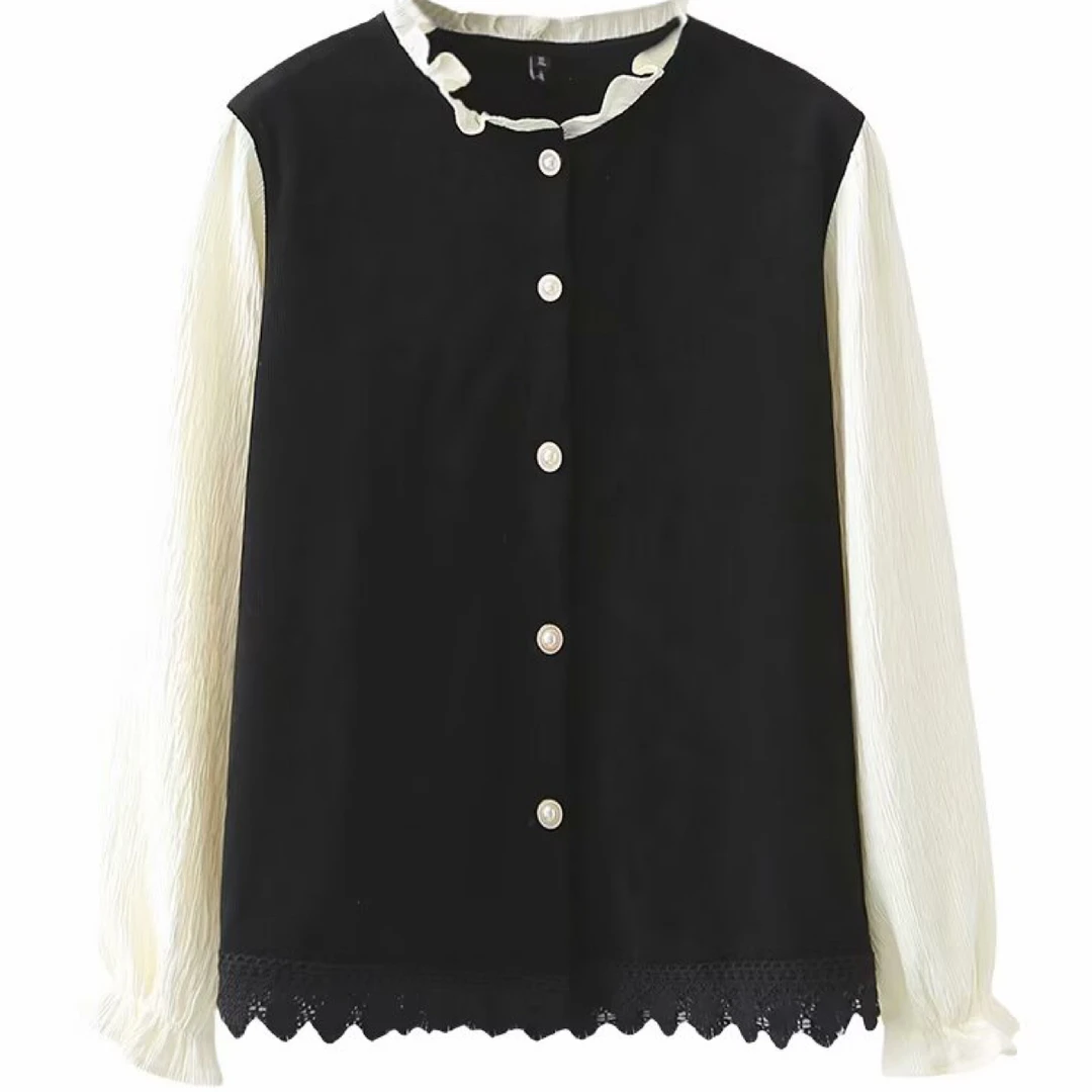 微胖mm秋季新款黑白撞色假两件花边纽扣上衣衬衫