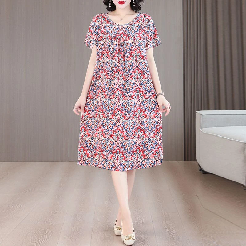 棉绸连衣裙休闲女夏季时尚外穿宽松大码显瘦夏天人造棉新款裙子