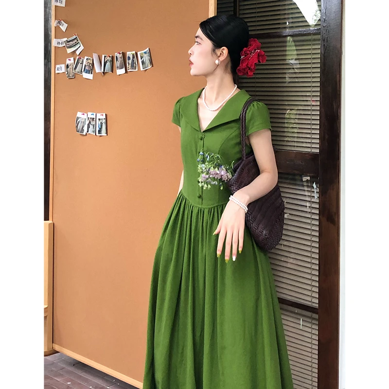 三个裁缝【绿调】法式复古小盖袖气质连衣裙女夏季优雅长裙67258W