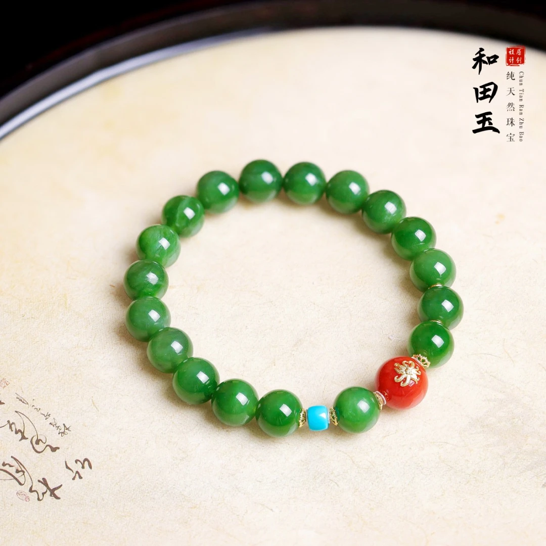 【桃总推荐】18k苹果绿和田玉9mm圆珠手串@@ZY50111003