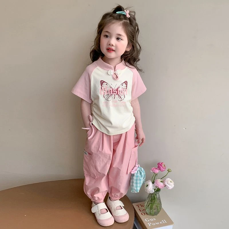 女童夏季套装2025新品3儿童蝴蝶短袖t恤工装裤洋气宝宝休闲两件套