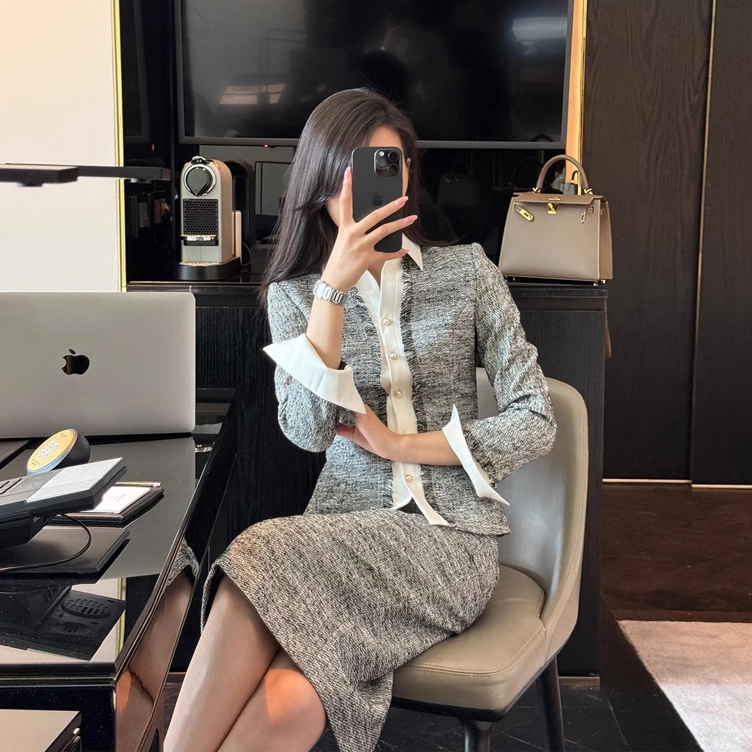 温柔气质小香风翻领OL职场淑女西装外套半裙两件套装-3585