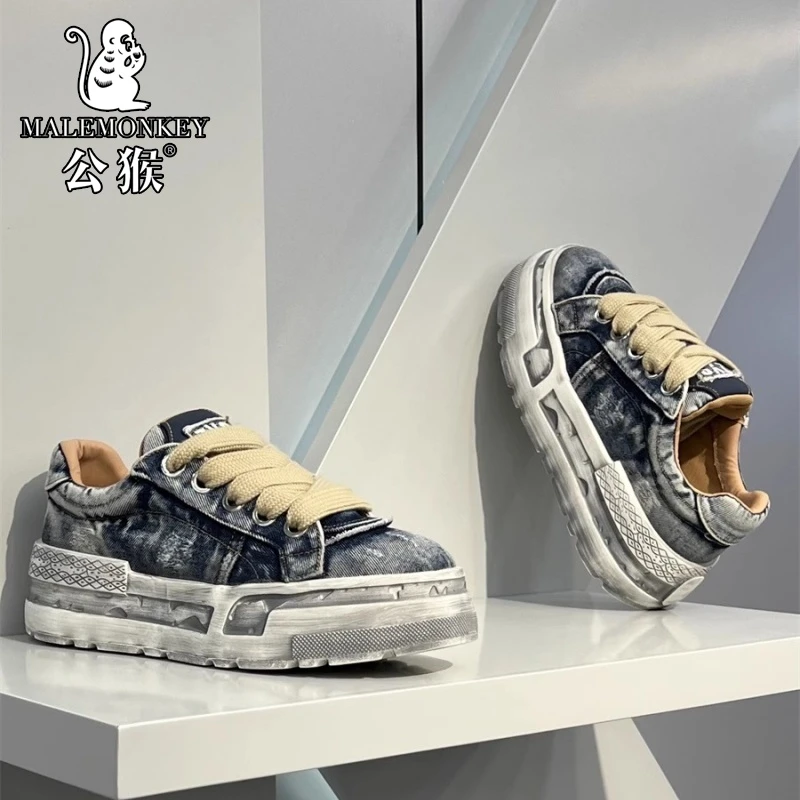 公猴男鞋夏季透气牛仔布复古做旧脏脏鞋厚底增高百搭休闲运动板鞋