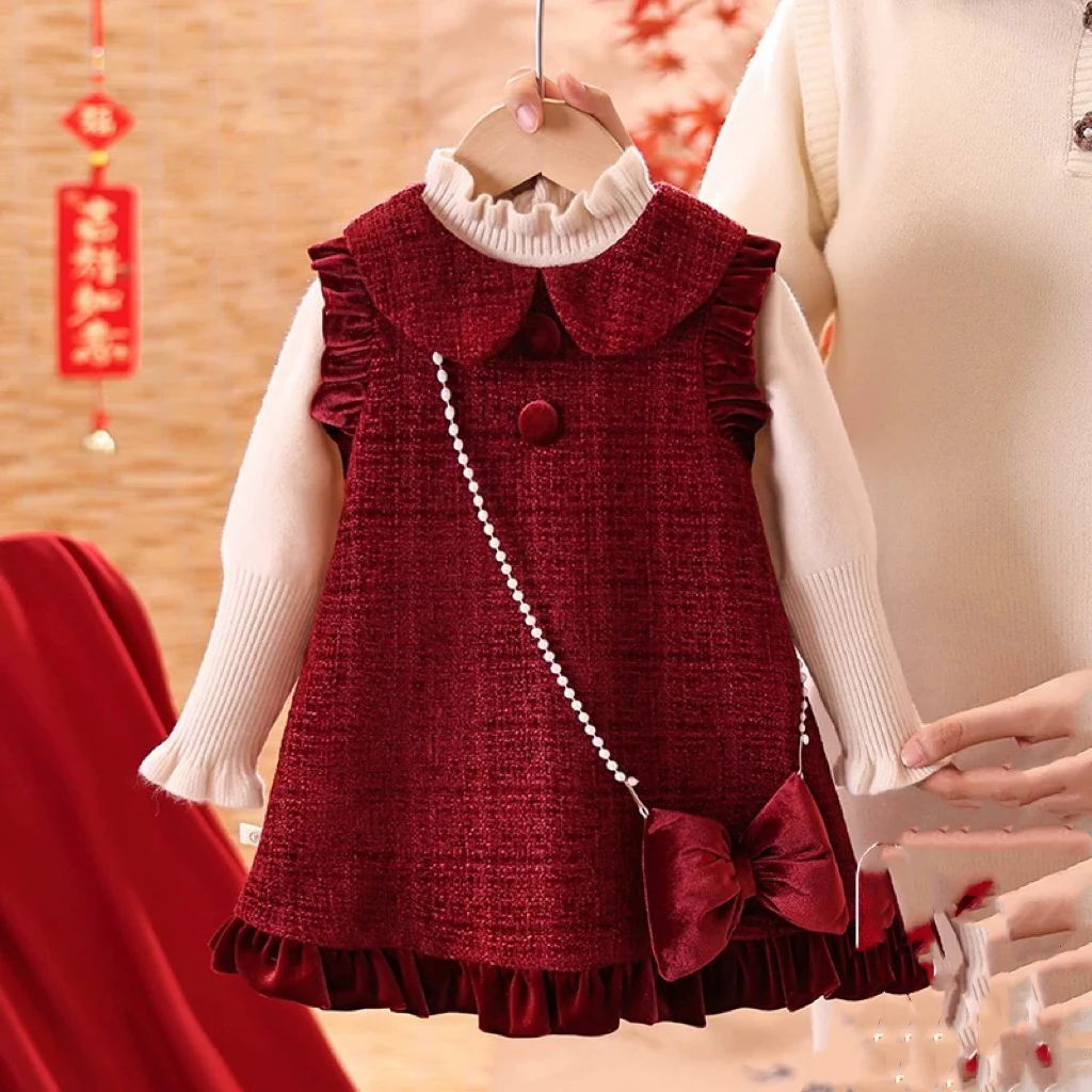 女童连衣裙秋冬装2025新款时髦加绒拜年服周岁宝宝礼服儿童公主裙