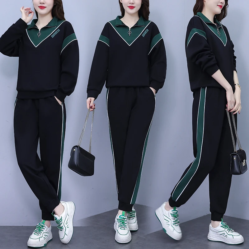 大码休闲运动套装2025春季新款时尚洋气遮肚显瘦时尚卫衣两件套潮