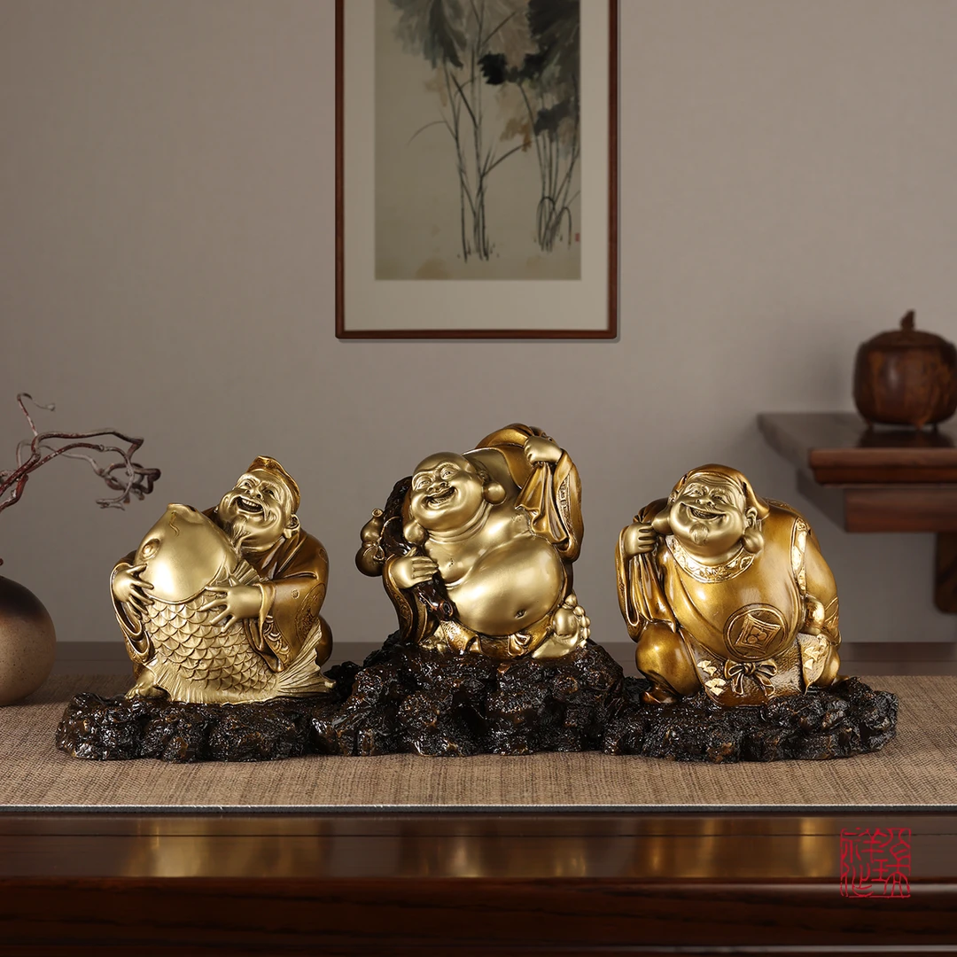 八瑞祥佛像家用供奉【三福尊】弥勒大黑天惠比寿客厅办公室铜像摆件