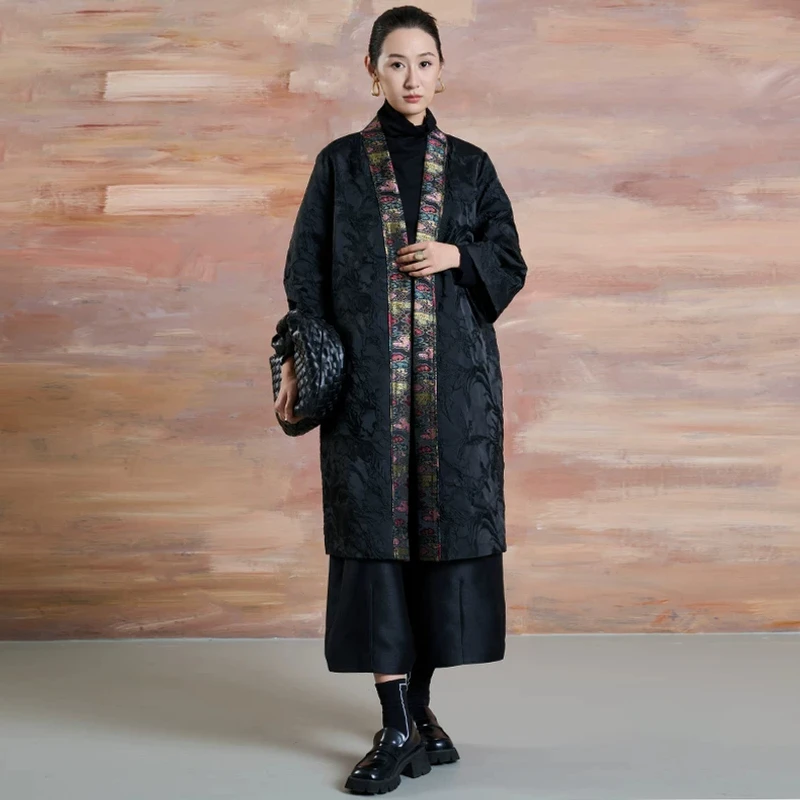 80210新中式立体提花长款外套秋季新款国风大码拼接醋酸风衣外披