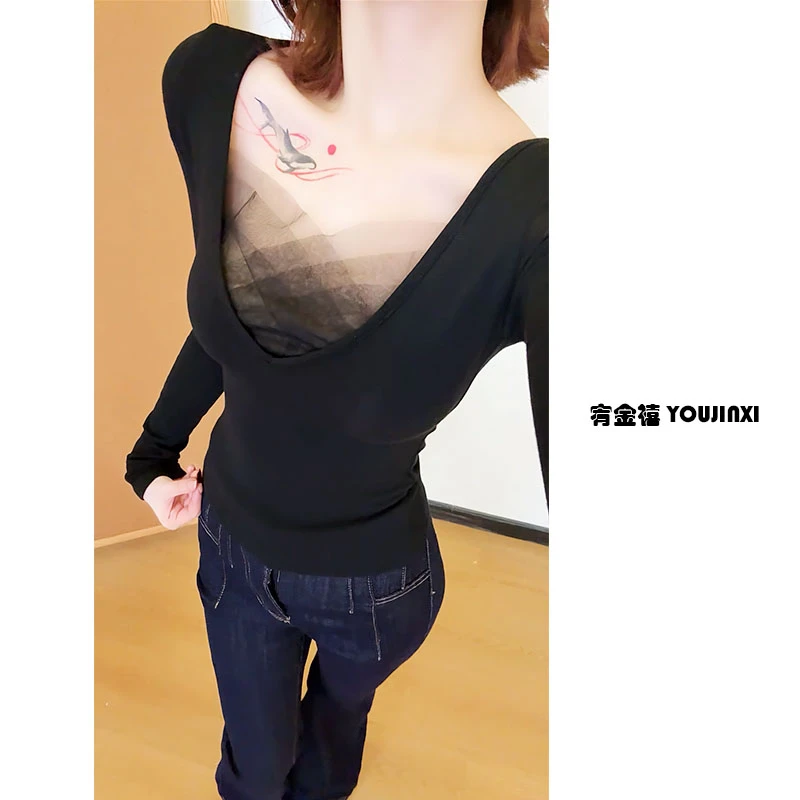 【宥金禧YOUJINXI】美式辣妹网纱拼接设计感V领长袖上衣别致T恤女