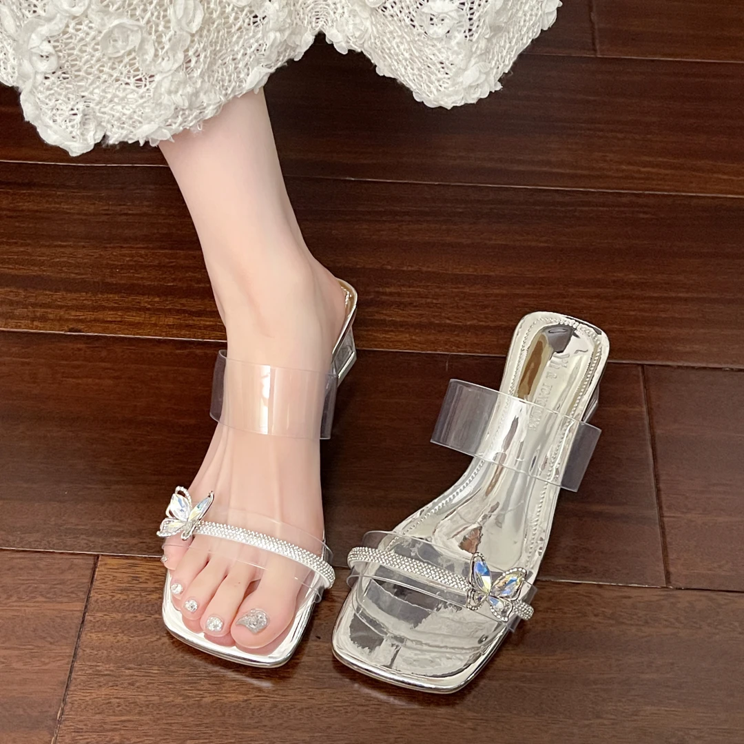 法式绝美蝴蝶水钻凉拖鞋女2025夏季新款仙女风配裙子粗跟透明凉鞋