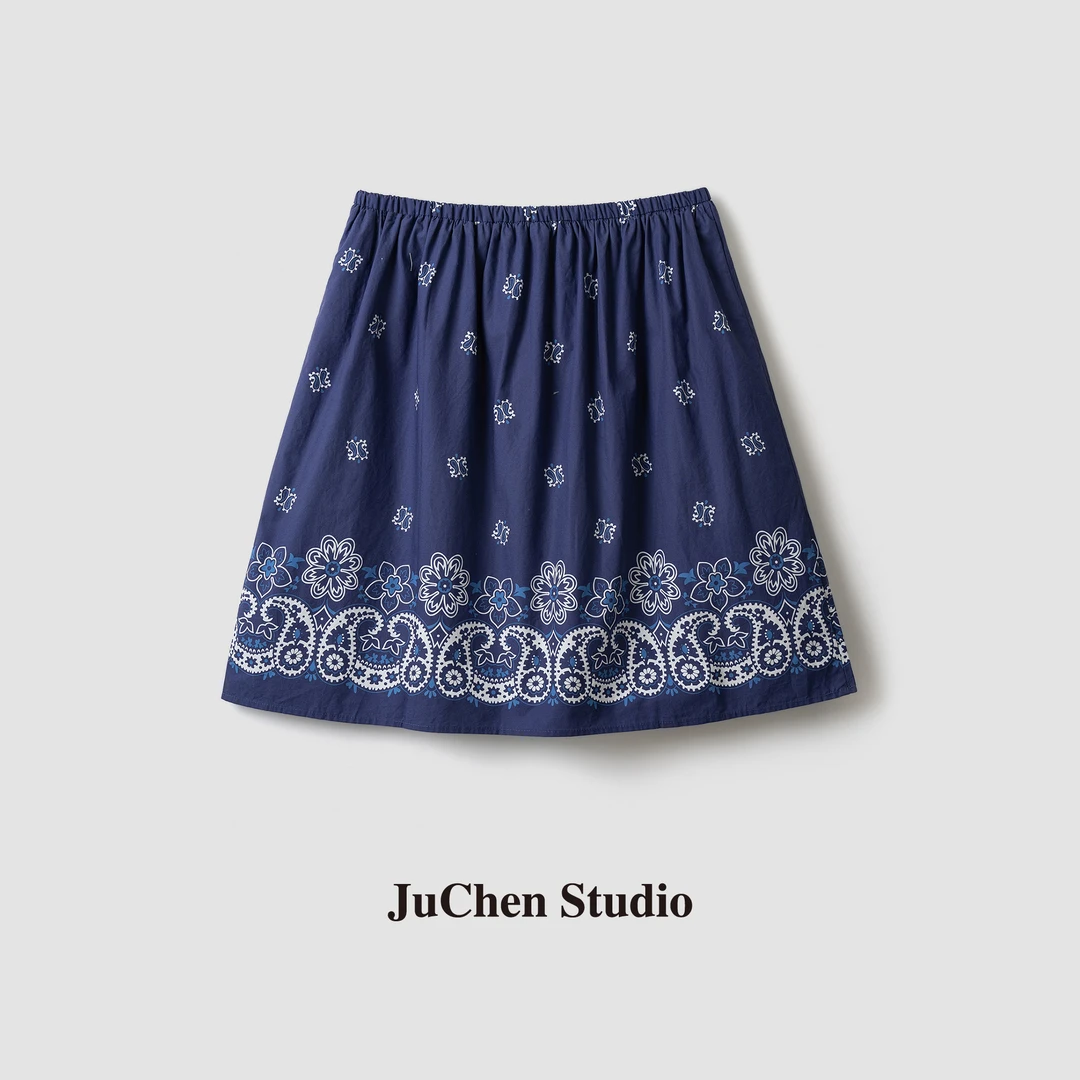 M1U系古法蓝染腰果花定位印花高支棉质松紧腰半身裙 SS206001-195