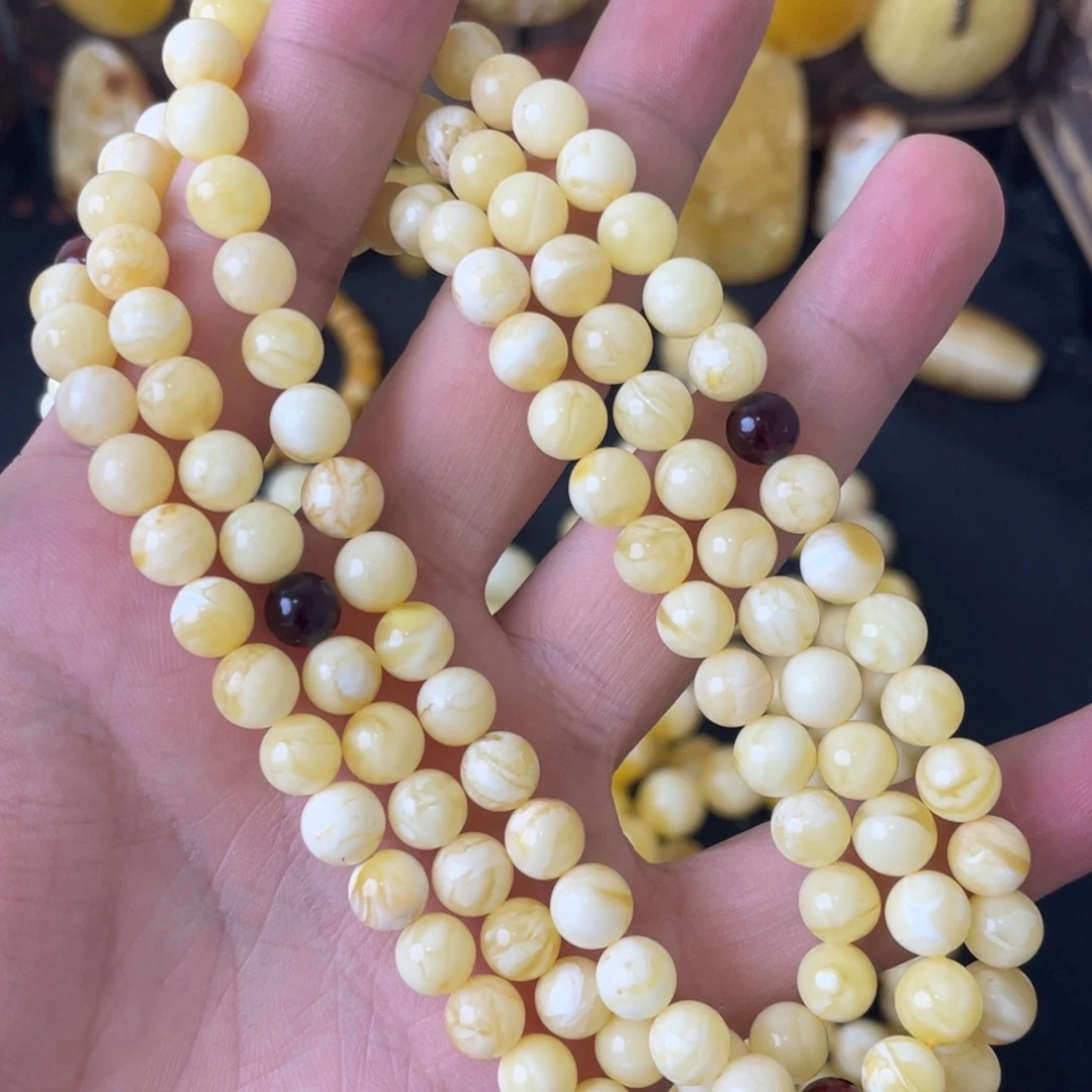 琥珀未镶嵌项链7+俄料妖白花蜡圆珠108（微瑕）