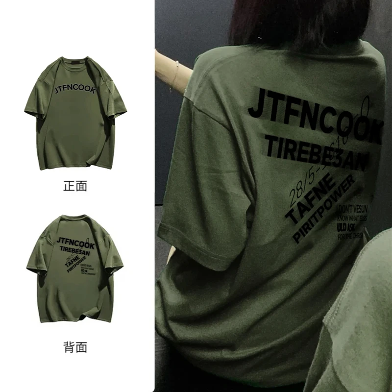 军绿色美式字母纯棉短袖女t恤夏季高街小众百搭复古休闲纯棉上衣