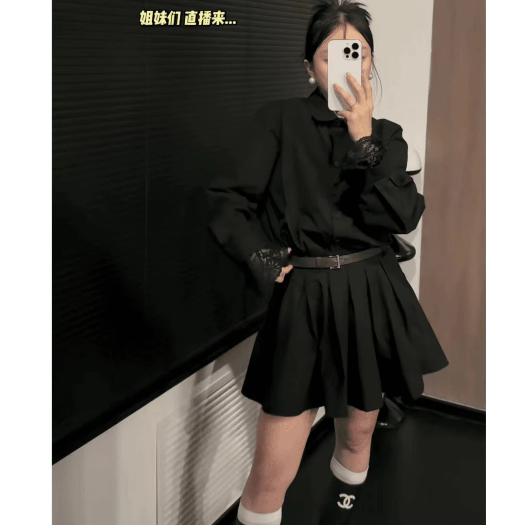 大码女装韩版收腰蕾丝拼接袖显瘦宽松衬衫连衣裙（带腰带 ）