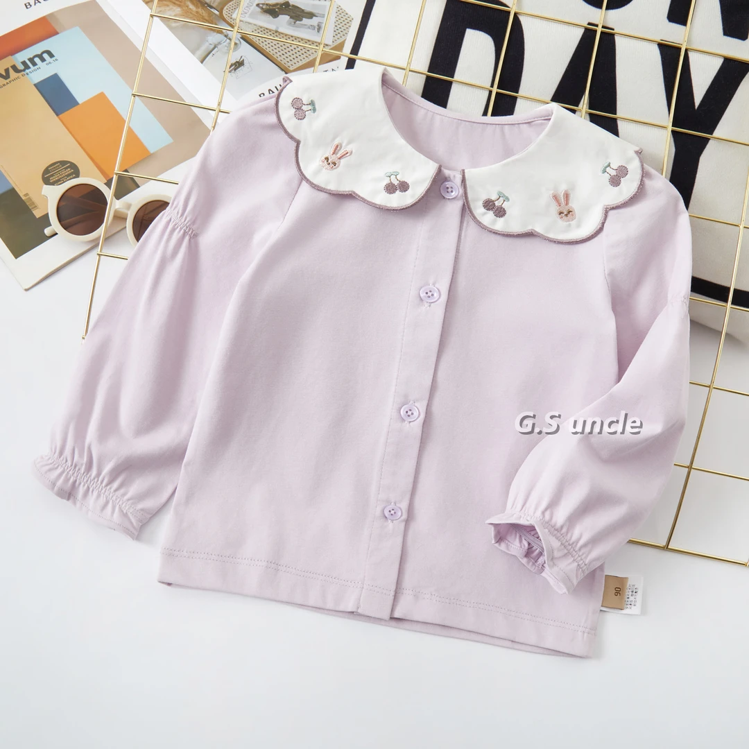 【葡萄小兔】H25007女童春款紫色洋气衬衫韩版可爱卡通上衣娃娃领