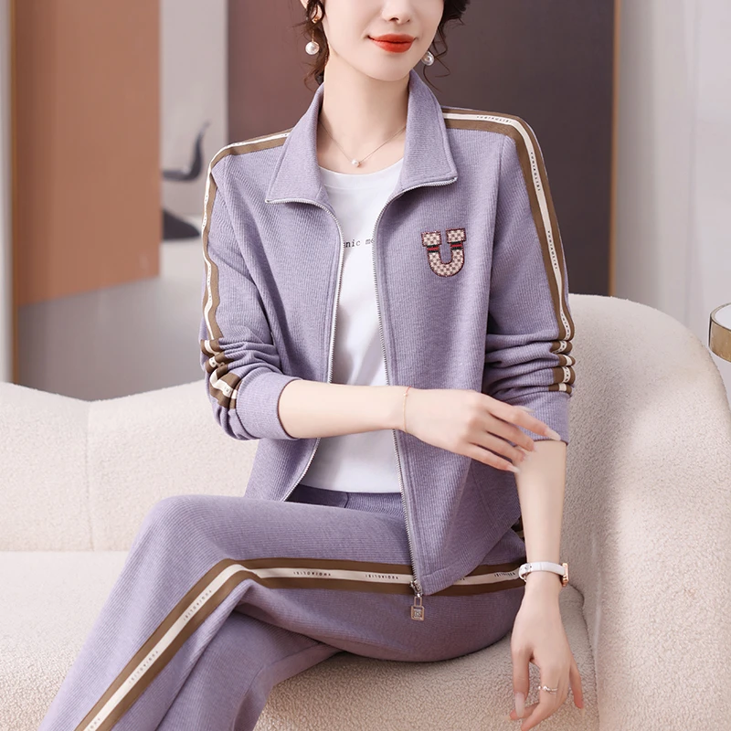 新款春秋时尚女士妈妈运动套装大码休闲外套直筒长裤跑步服两件套