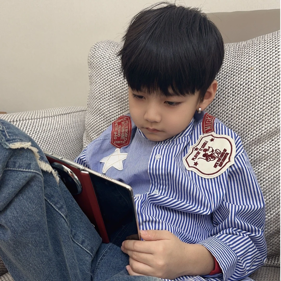 【QB】2025春季新款男女童日系长袖洋气条纹衬衫